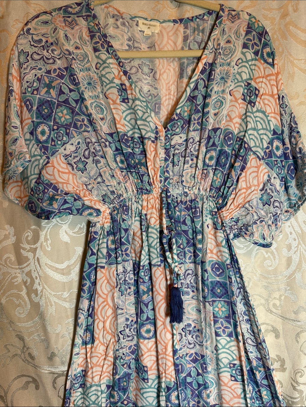 Cost Plus World Market Blue Peach Purple Tile-Print Boho Midi Dress